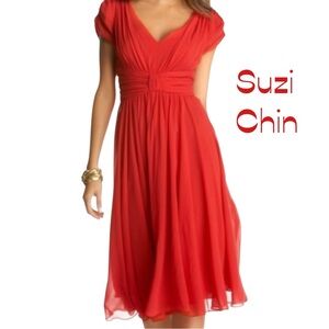 Suzi Chin Red Silk Midi Dress Size 4